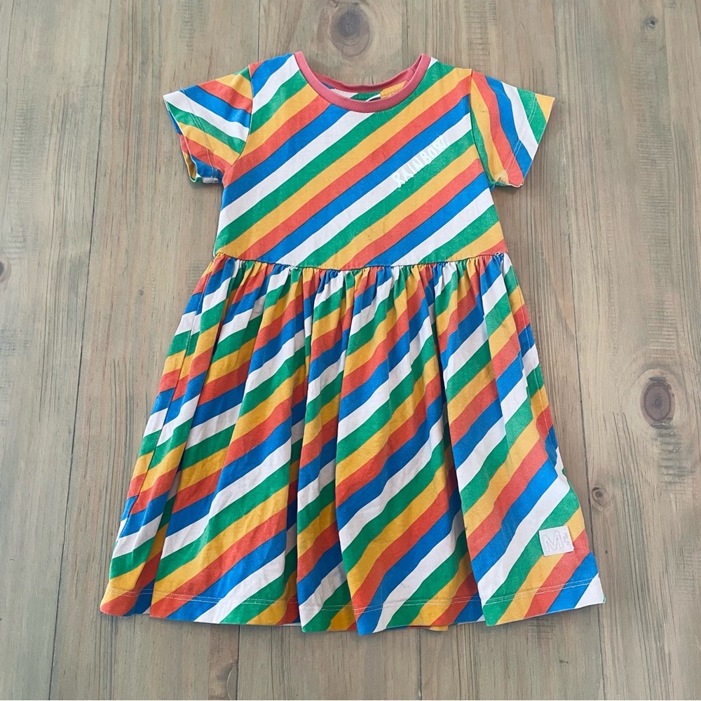 Molo Dress Girls Size 2-3Y Rainbow Stripes Short Sleeves Flaws